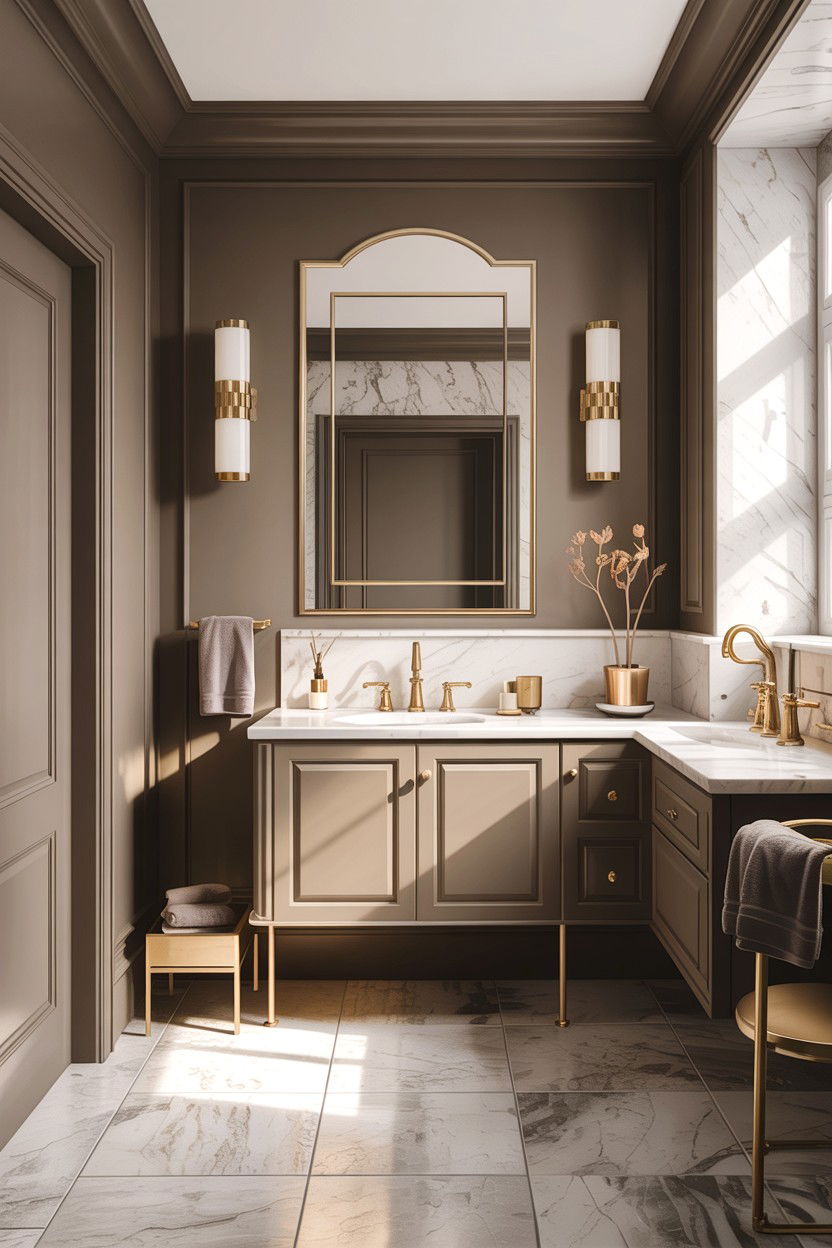 Greige Bathroom With Brass Fixtures - 30 gray bathroom ideas