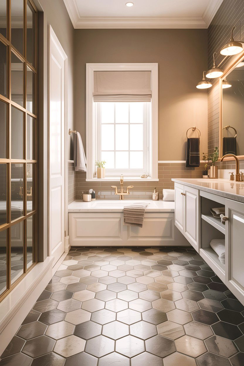 Greige Hexagon Tile Bathroom Floor - 30 hexagon tile bathroom ideas