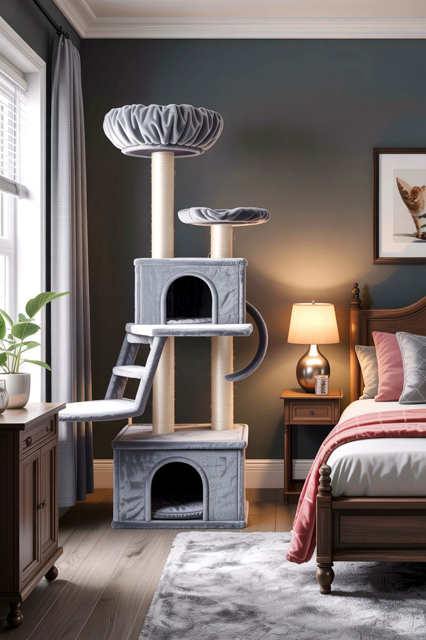 Grey Carpeted Cat Tree - 30 cat tree bedroom ideas