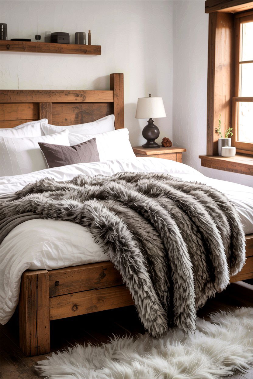 Grey Faux Fur Throw - 30 rustic grey bedroom ideas