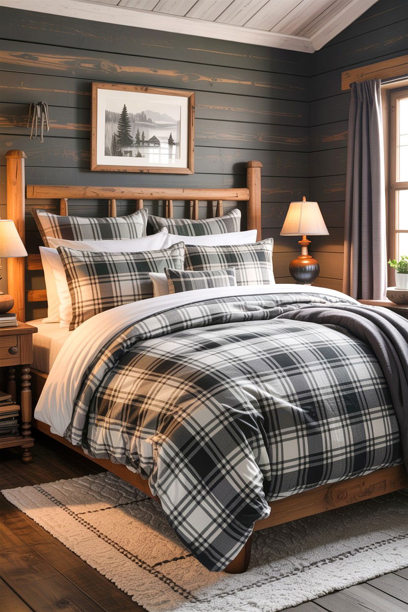 Grey Plaid Bedding - 30 rustic grey bedroom ideas