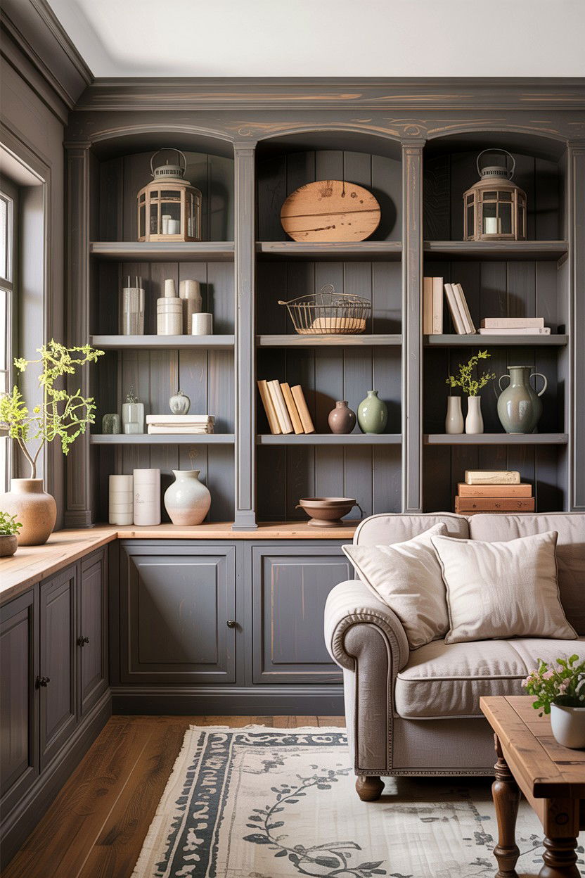 Grey Rustic Living Room With Built In Shelves - 30 rustic grey living room ideas