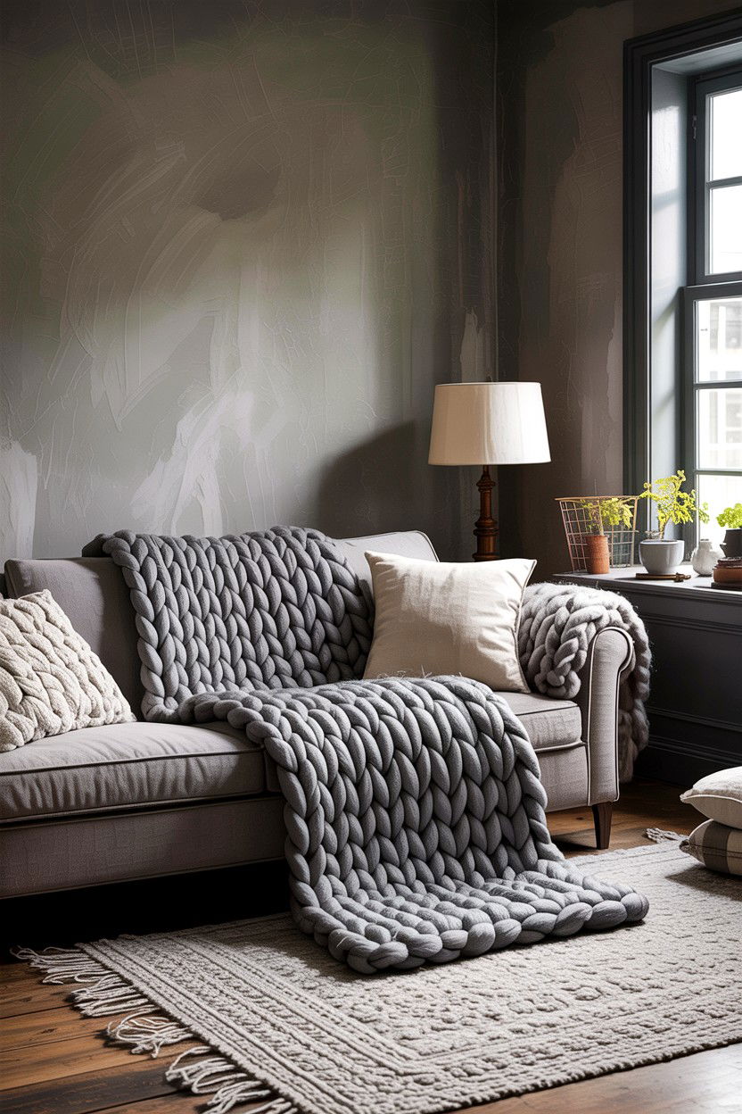 Grey Rustic Living Room With Wool Throws - 30 rustic grey living room ideas