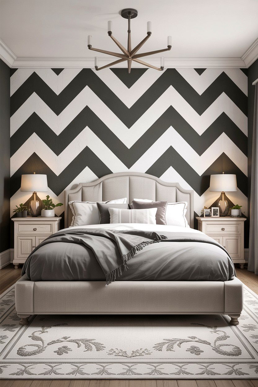 Grey and white chevron accent wall - 30 bedroom chevron wall ideas