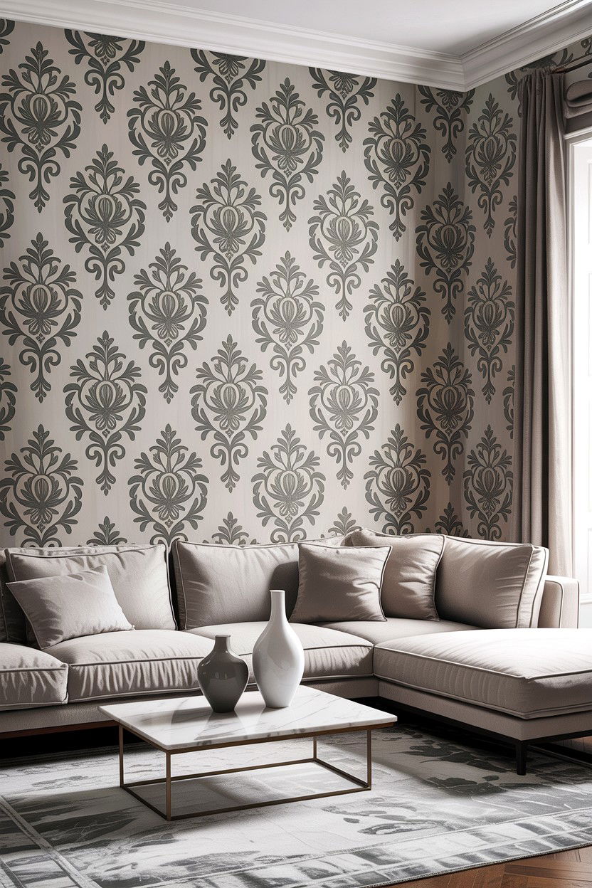 Grey and white damask wallpaper - 30 living room damask wallpapers