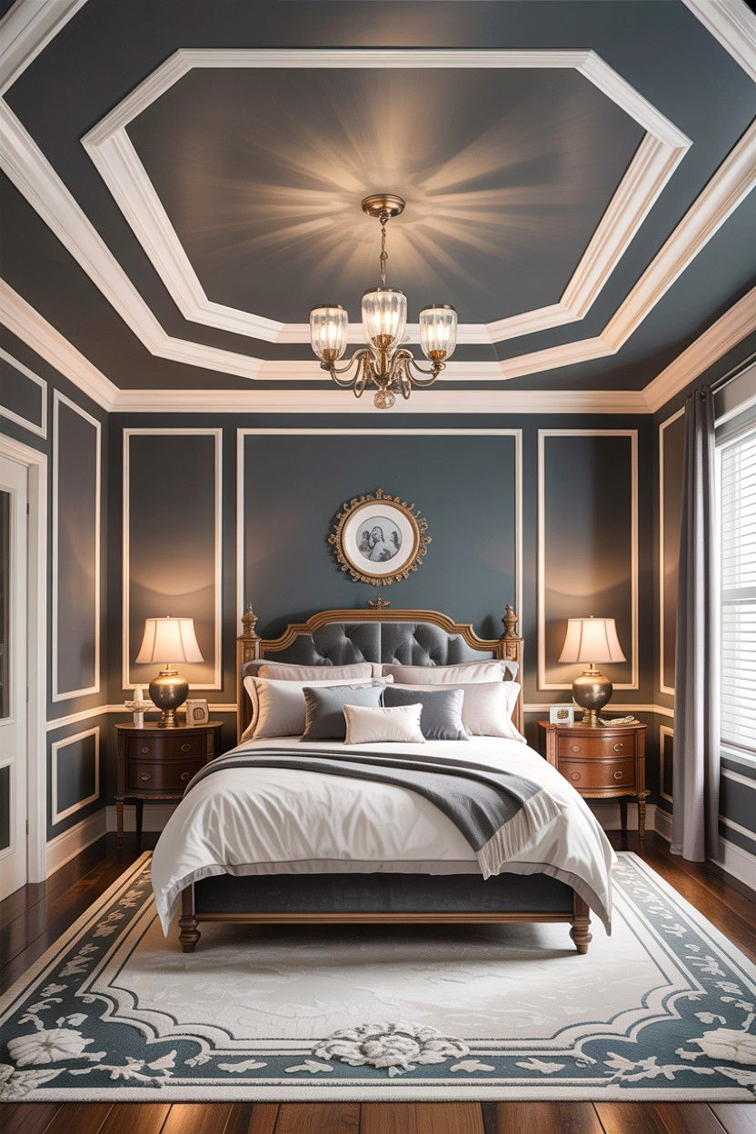 Grey bedroom with crown molding and tray ceiling - 30 traditional grey bedroom ideas