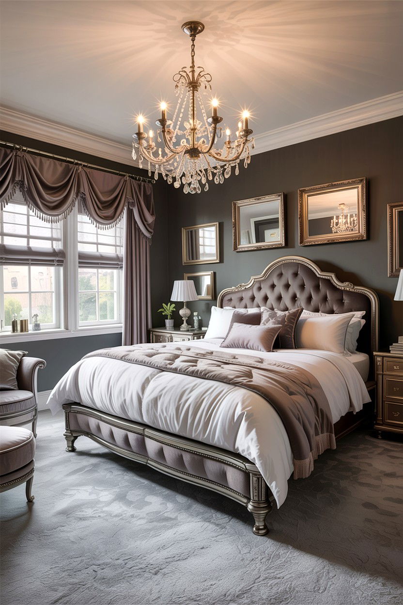 Grey bedroom with crystal chandelier - 30 traditional grey bedroom ideas