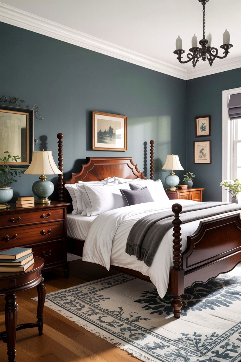Grey bedroom with dark wood furniture - 30 traditional grey bedroom ideas