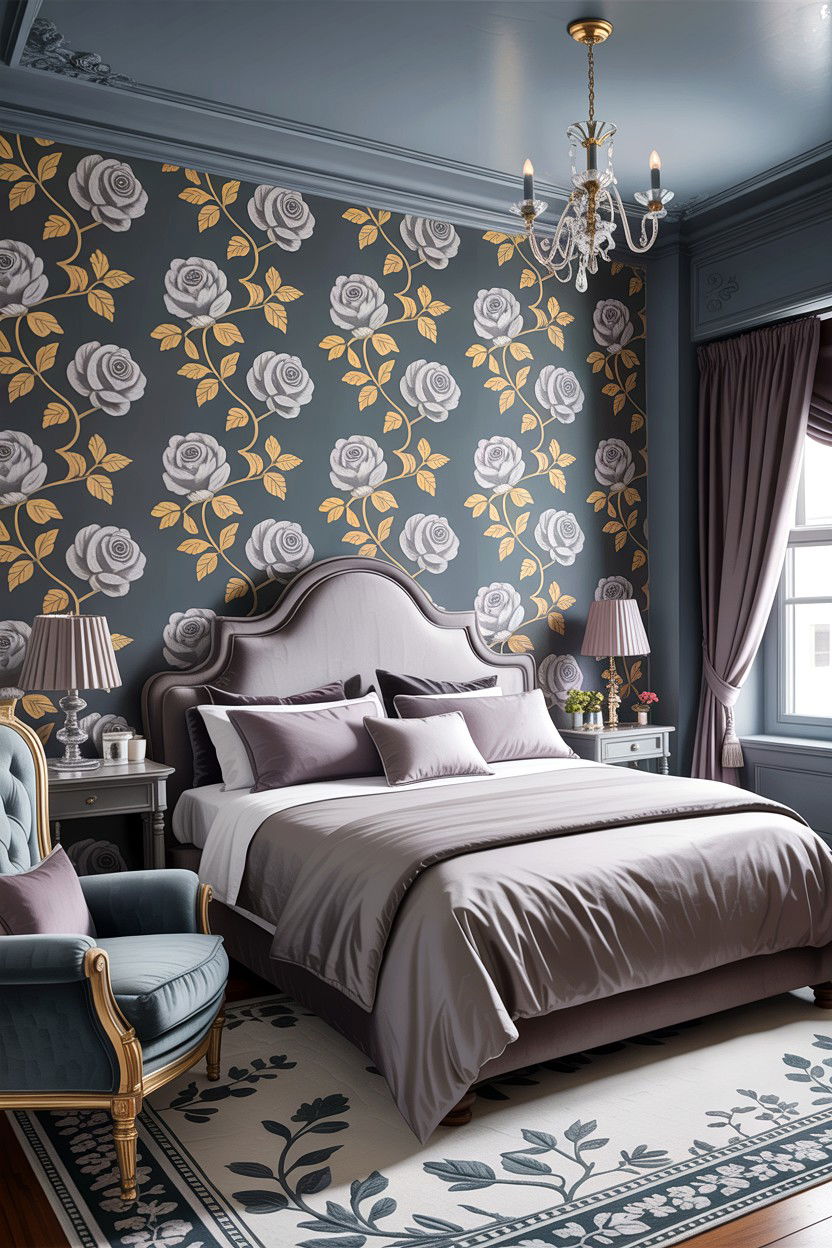 Grey bedroom with floral wallpaper - 30 traditional grey bedroom ideas