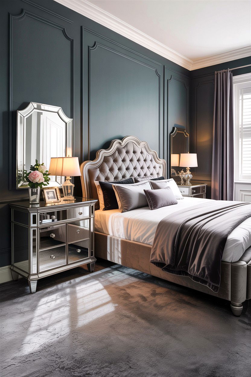Grey bedroom with mirrored furniture - 30 traditional grey bedroom ideas