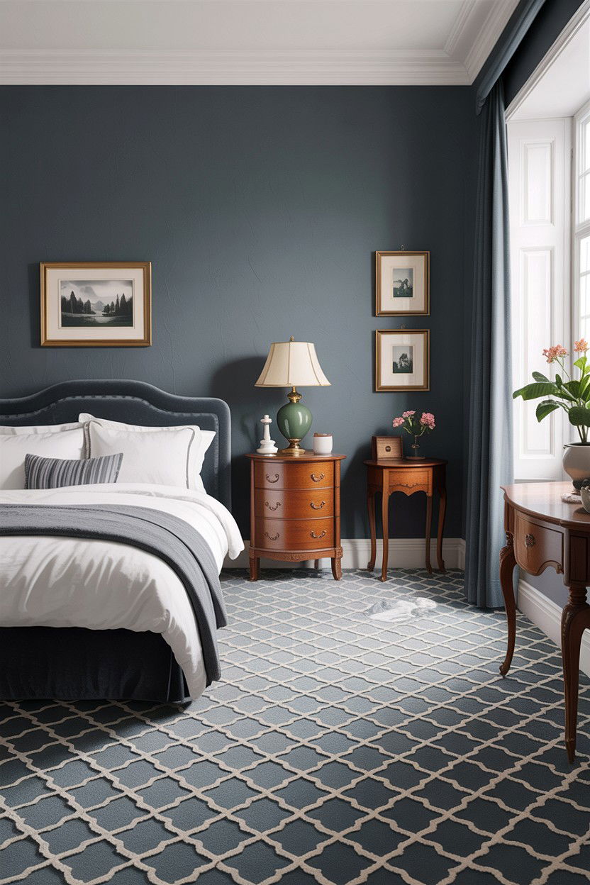 Grey bedroom with patterned carpet - 30 traditional grey bedroom ideas