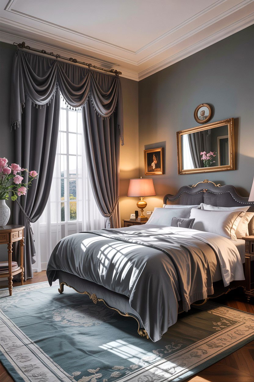 Grey bedroom with silk curtains - 30 traditional grey bedroom ideas