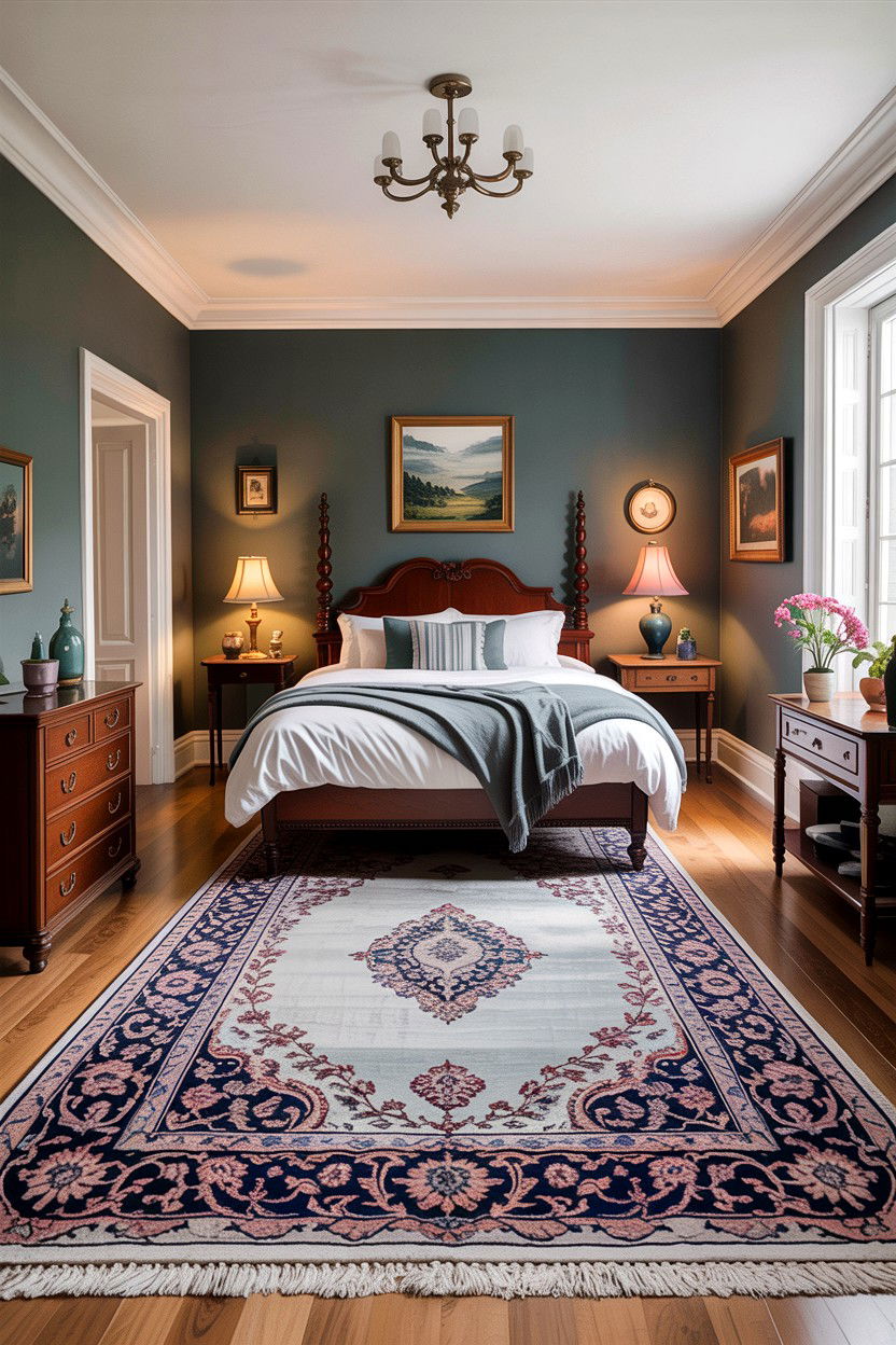 Grey bedroom with traditional rug - 30 traditional grey bedroom ideas