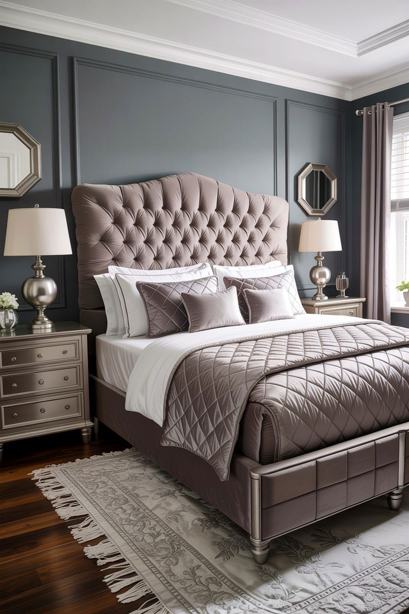Grey bedroom with tufted headboard - 30 traditional grey bedroom ideas