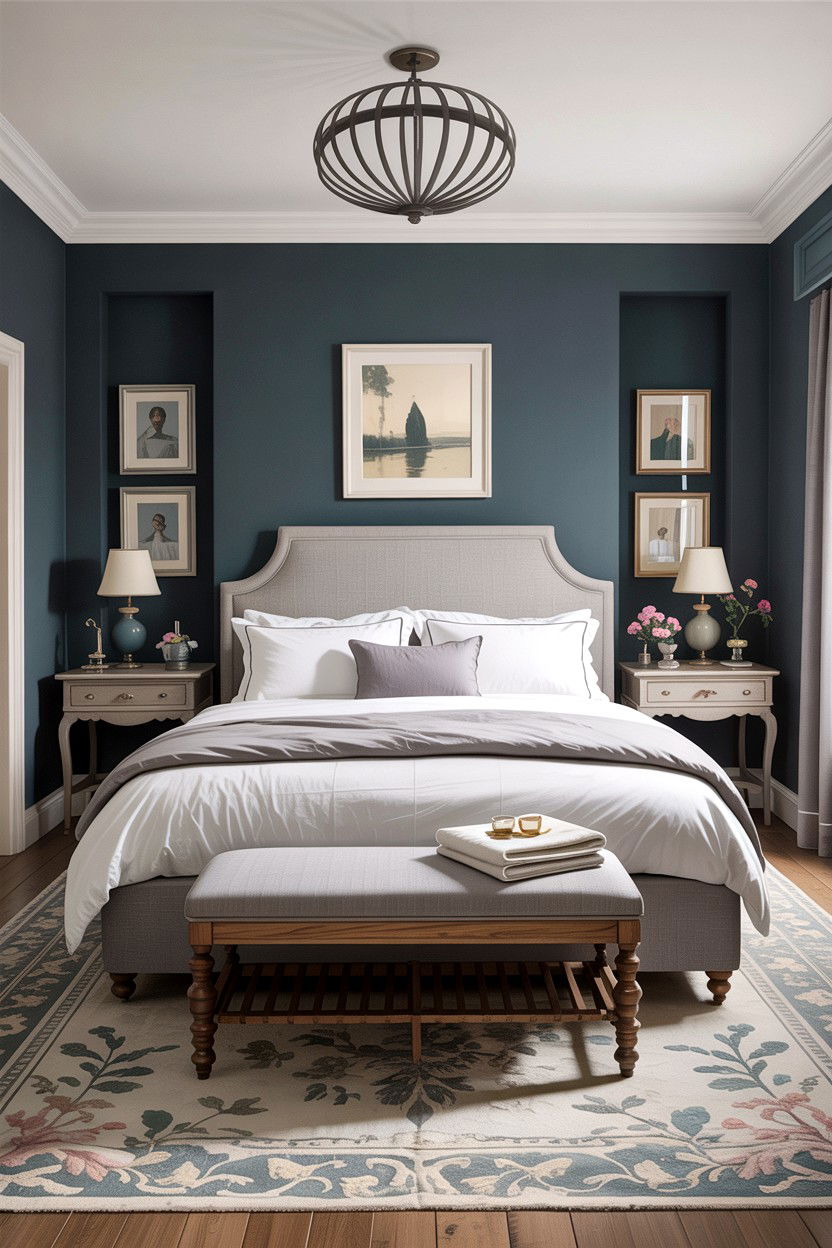 Grey bedroom with upholstered bed - 30 traditional grey bedroom ideas