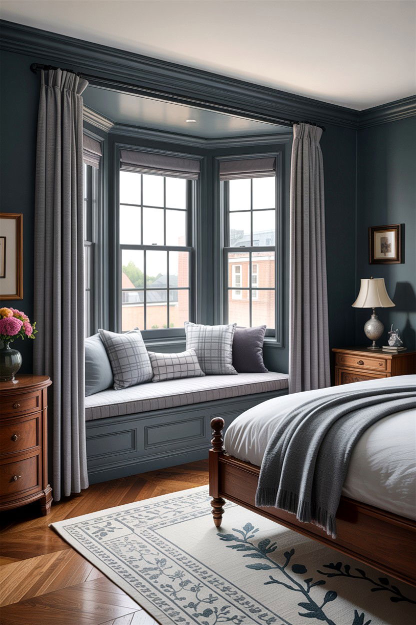 Grey bedroom with window seat - 30 traditional grey bedroom ideas
