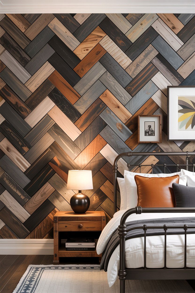 Grey herringbone wood plank wall - 30 bedroom herringbone wall ideas