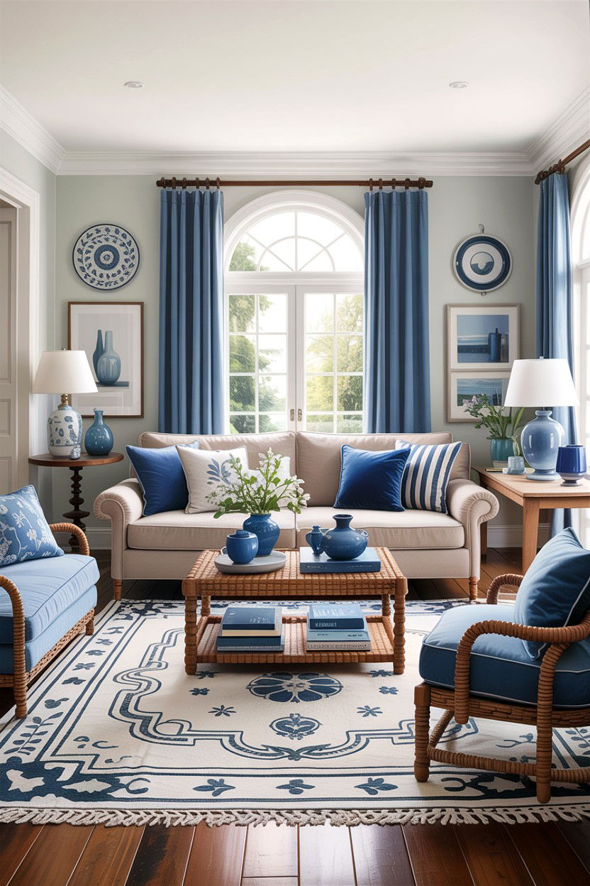 Hamptons living room with blue accents - 30 hamptons living room ideas