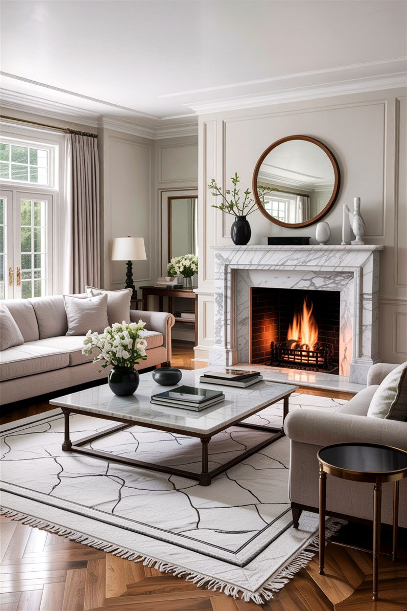 Hamptons living room with marble accents - 30 hamptons living room ideas