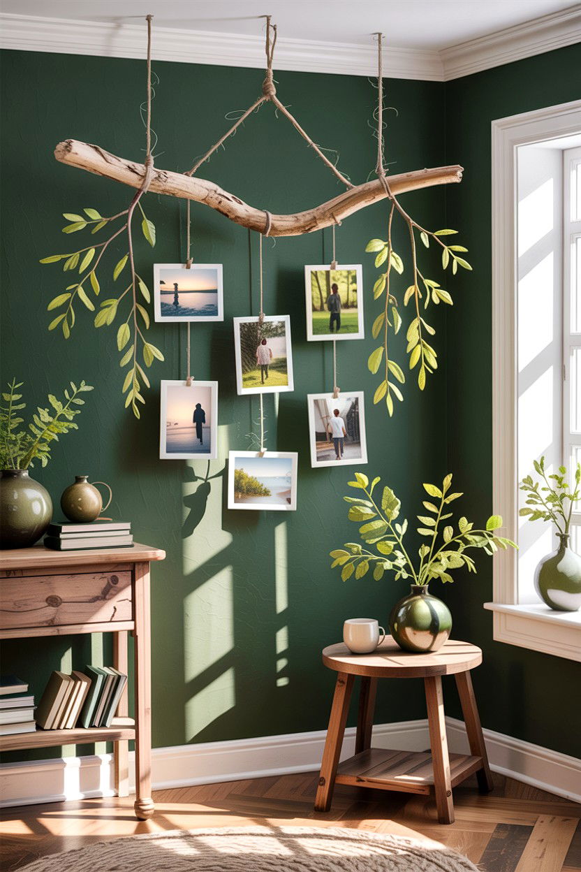 Hanging Branch Photo Decor - 30 bedroom memory wall ideas