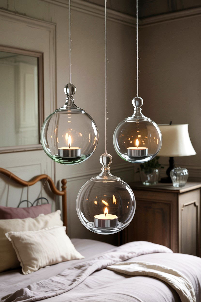 Hanging Glass Candle Globe - 30 bedroom candle ideas