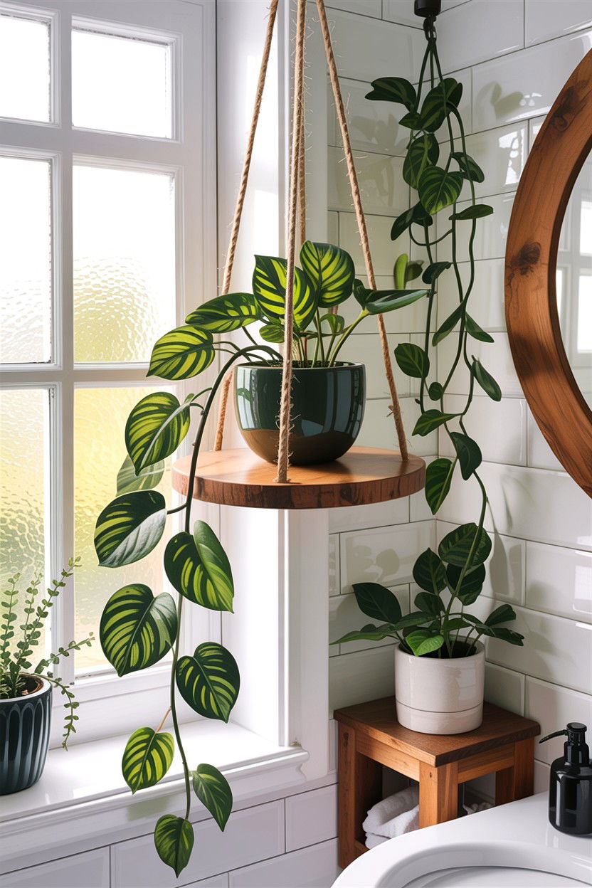 Hanging Plant Shelf - 30 DIY bathroom decor ideas