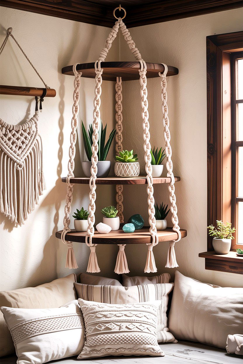 Hanging macrame corner shelf - 30 living room corner shelf ideas
