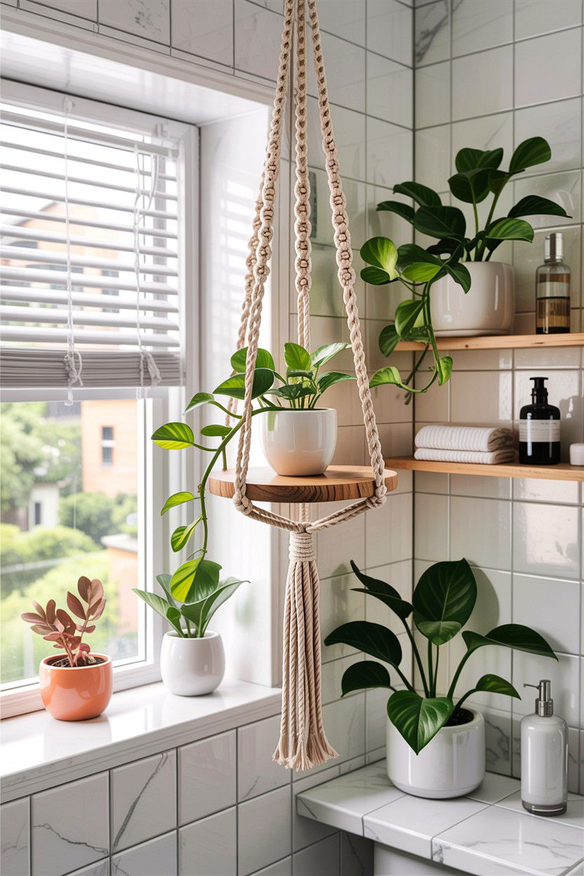 Hanging plant shelf - 30 DIY bathroom ideas