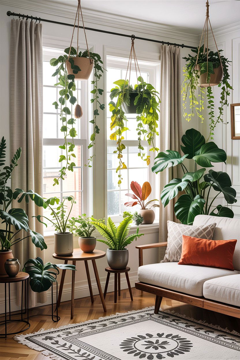 Hanging plants living room - 30 jungle living room ideas