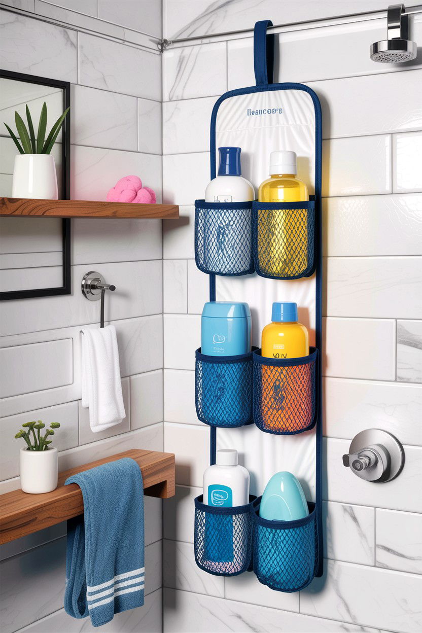 Hanging shower organizer - 30 small bathroom space storage ideas
