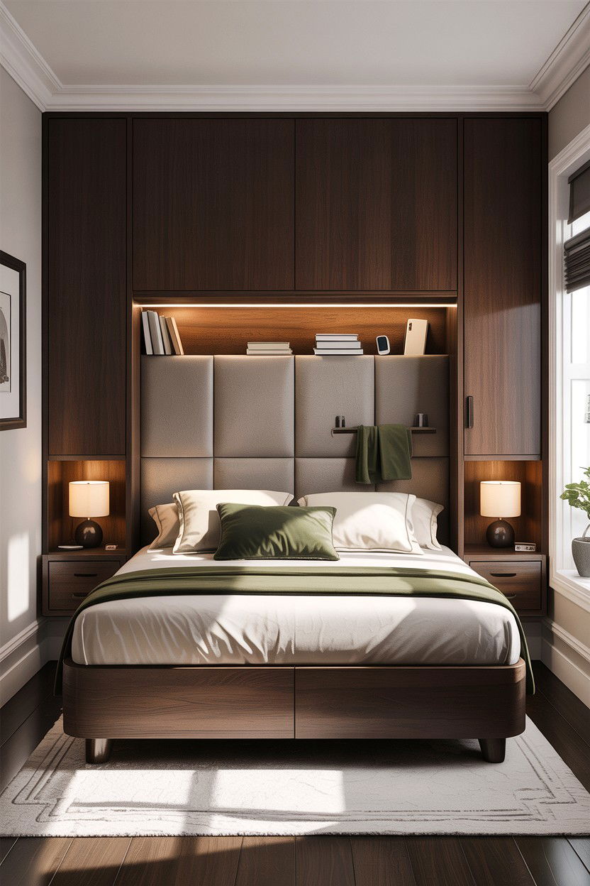 Headboard With Hidden Niches - 30 small bedroom space storage ideas