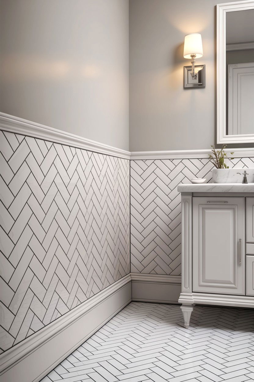 Herringbone Tile Bathroom Wainscot - 30 bathroom chair rail ideas