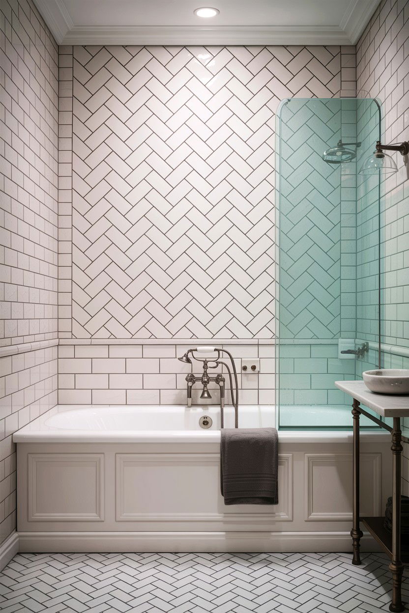 Herringbone Tile Bathroom Wall - 30 alcove tub ideas