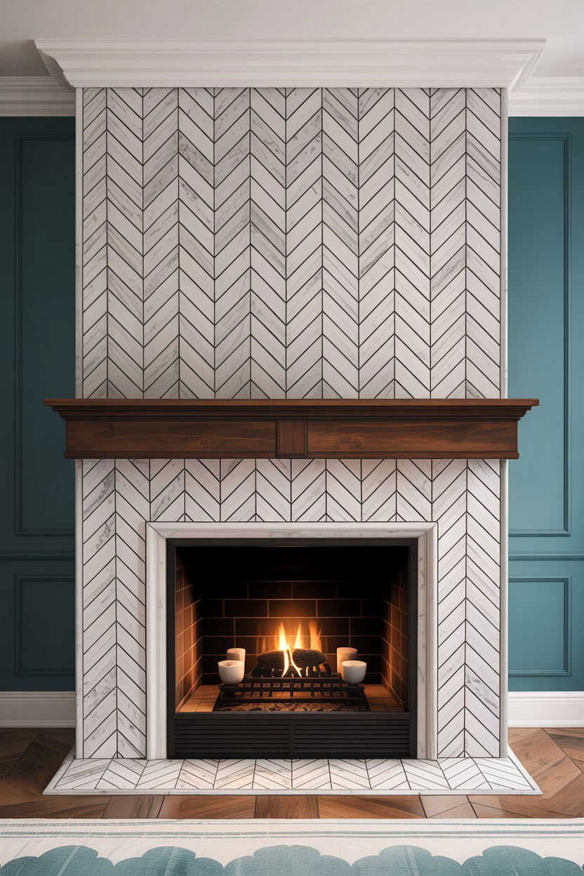Herringbone Tile Surround - 30 living room fireplace surround ideas