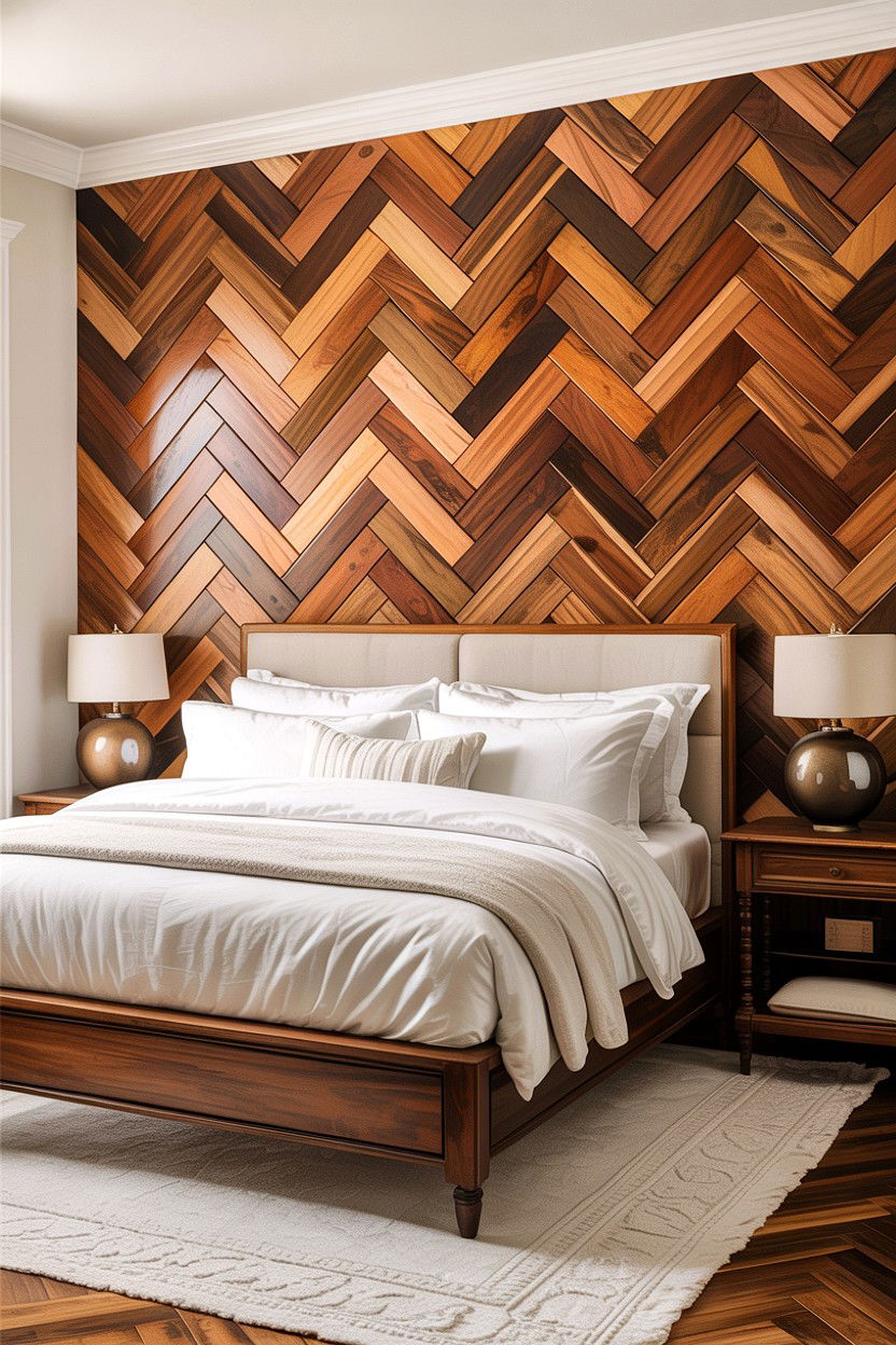 Herringbone Wood Accent Wall - 30 bedroom geometric wall designs