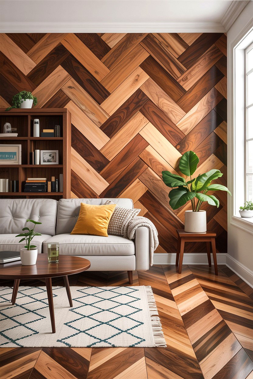 Herringbone Wood Pattern - 30 living room feature wall ideas