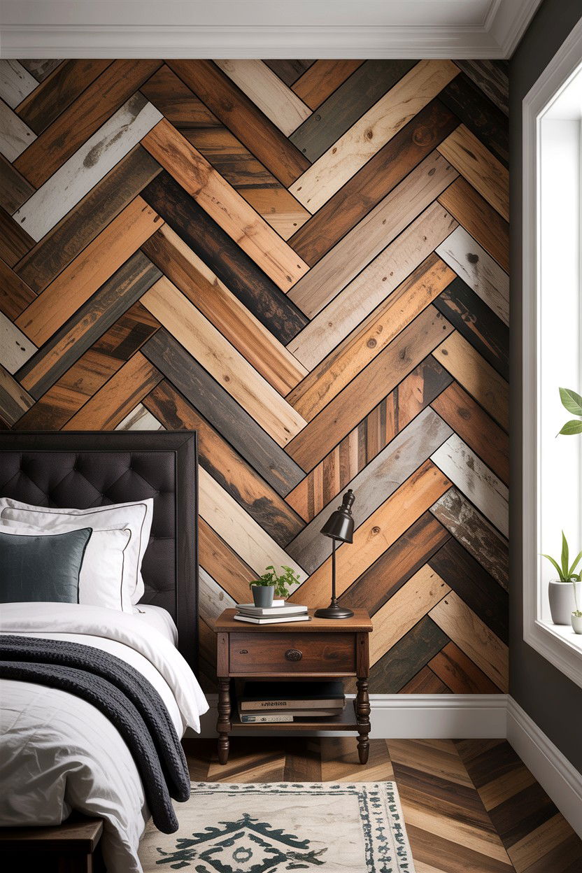 Herringbone Wood Wall - 30 bedroom accent wall ideas