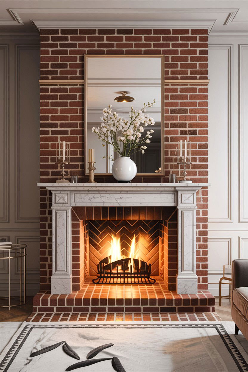 Herringbone brick fireplace - 30 living room fireplace brick ideas