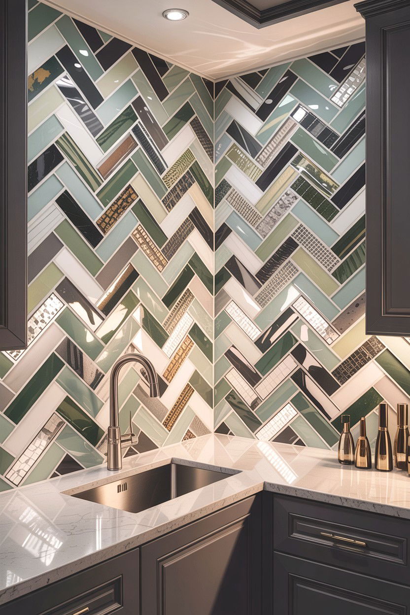 Herringbone glass mosaic backsplash - 30 glass mosaic bathroom ideas