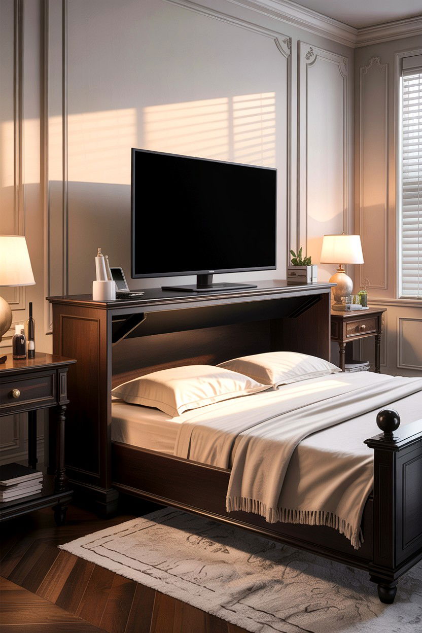 Hidden TV Lift Cabinet - 30 bedroom concealed storage ideas