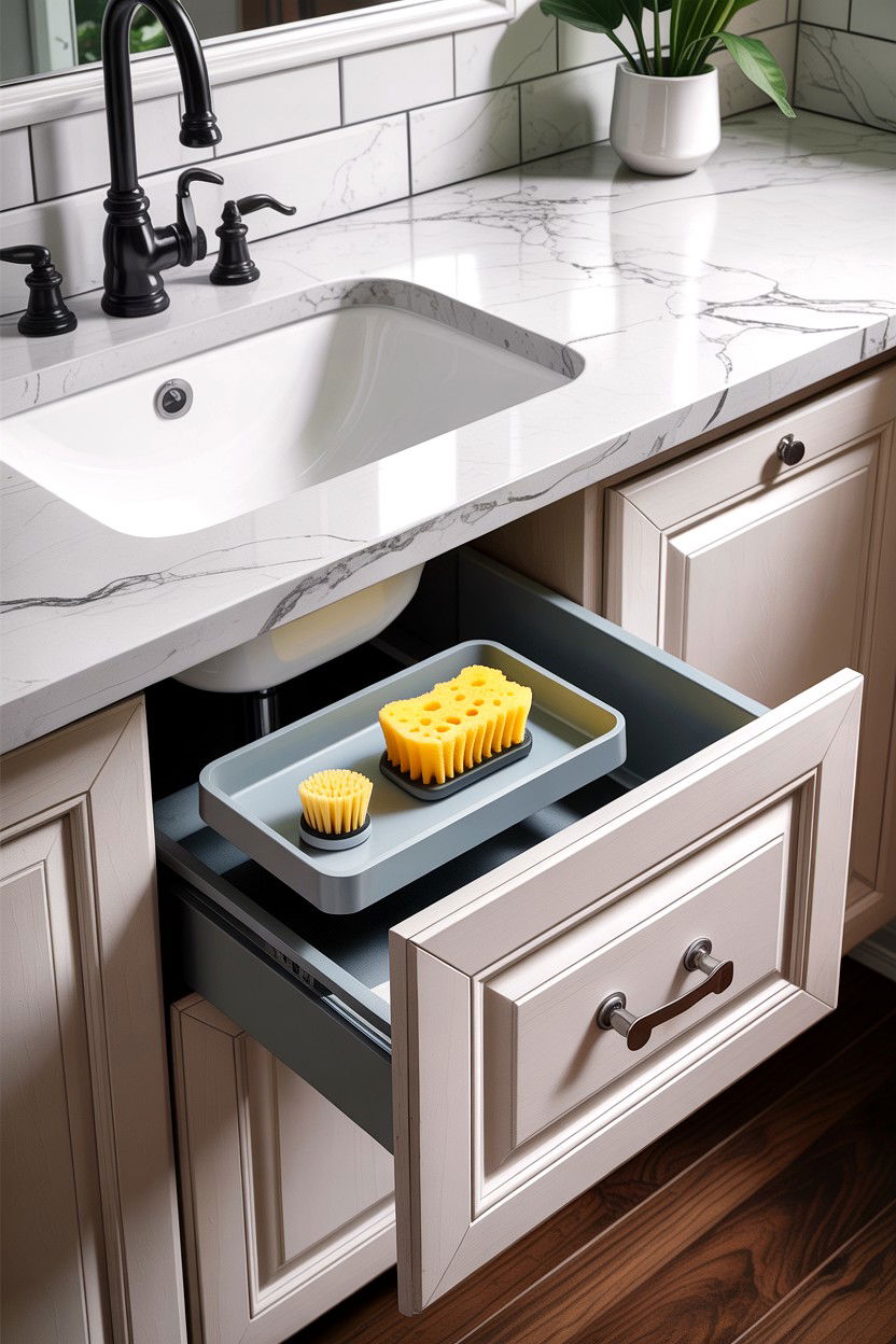 Hidden sponge holder - 30 small kitchen space storage ideas