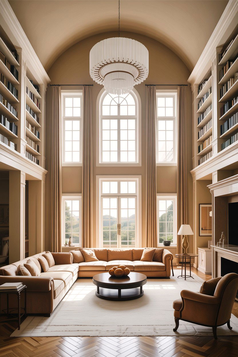 High Ceiling Tan Living Room - 30 tan and white living room ideas