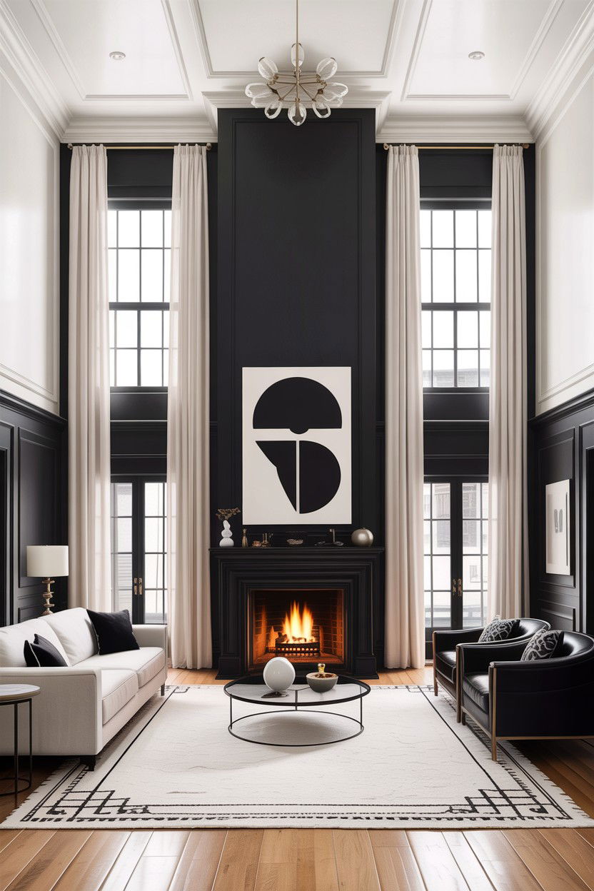 High ceiling black and white living room - 30 black and white living room ideas