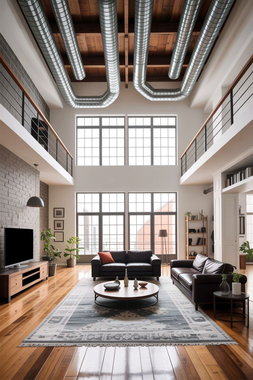High ceiling industrial living room - 30 exposed ductwork living room ideas