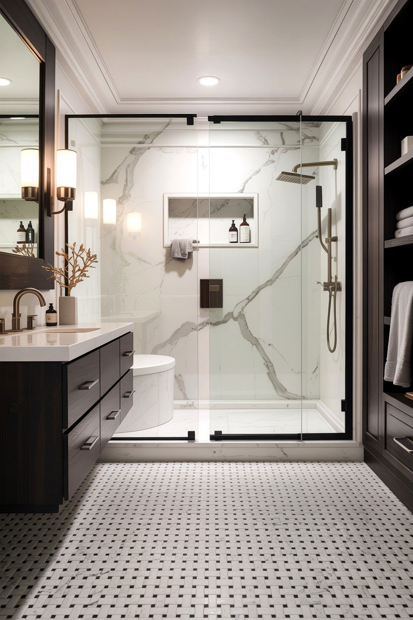 Honed Marble Basketweave Floor - 30 basketweave tile bathroom ideas