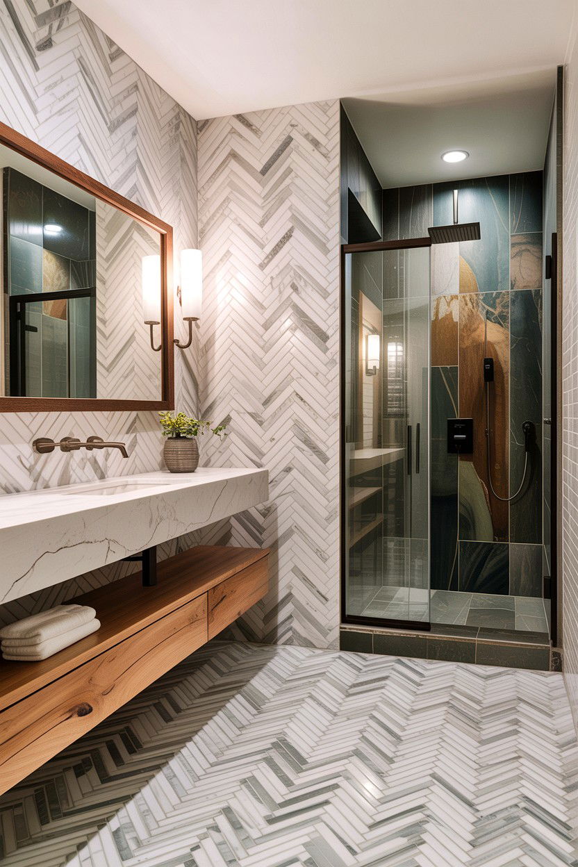 Honed marble basketweave - 30 basketweave pattern bathroom ideas