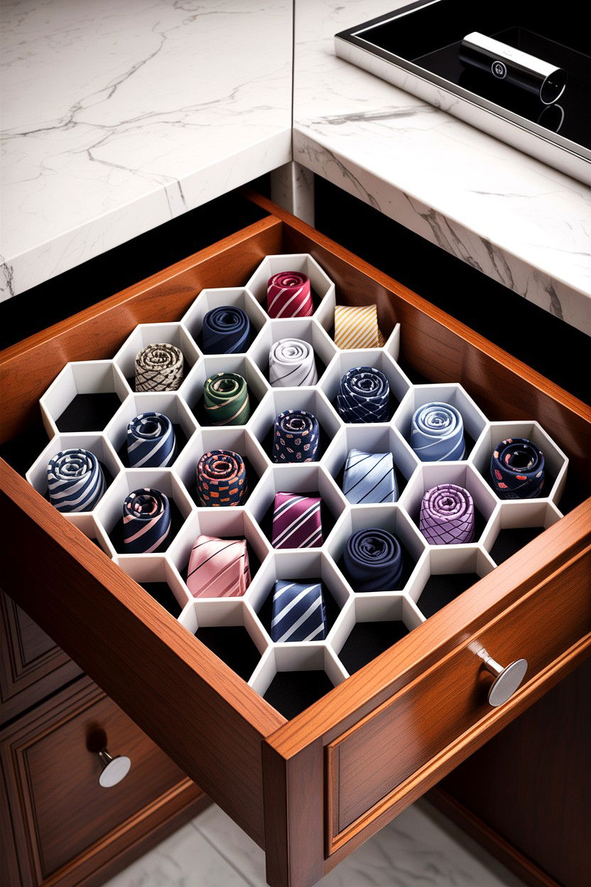 Honeycomb Tie Organizer - 30 bedroom tie storage ideas