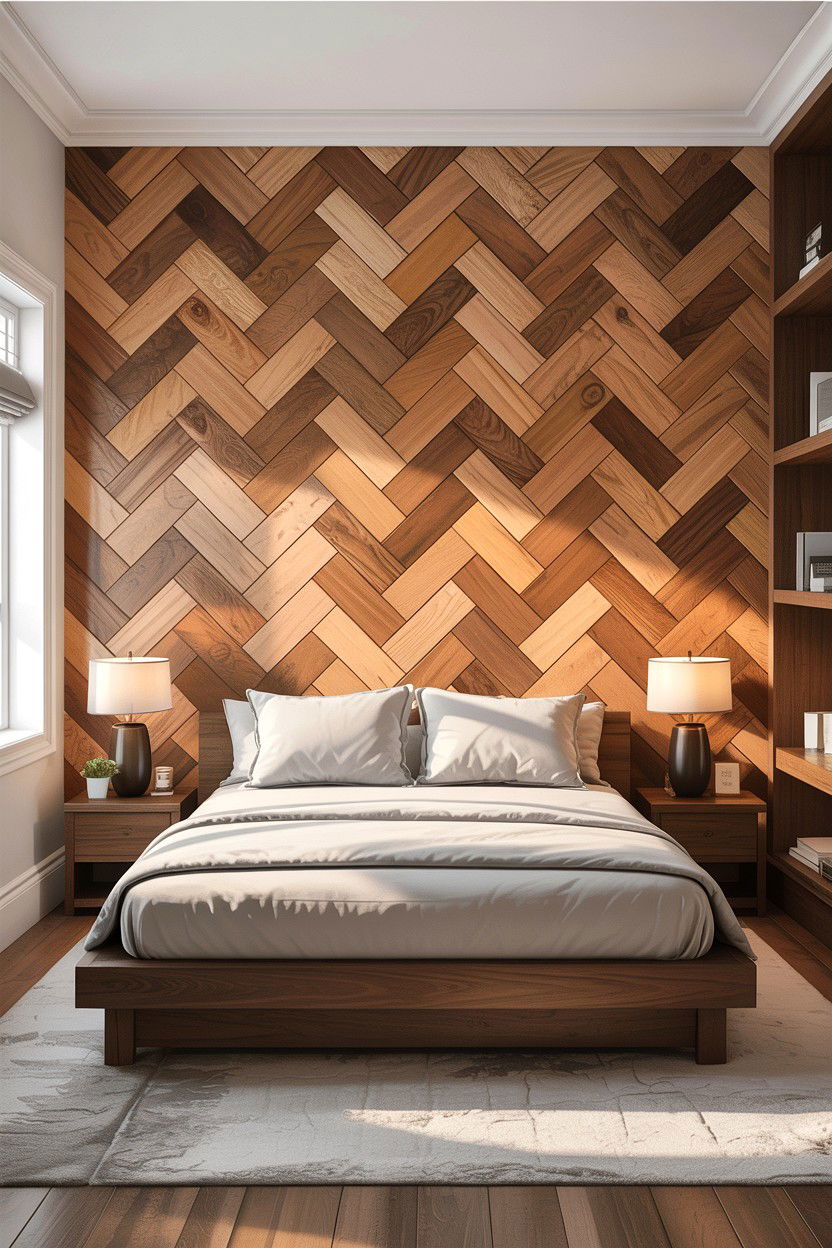 Horizontal herringbone wood wall - 30 bedroom herringbone wall ideas
