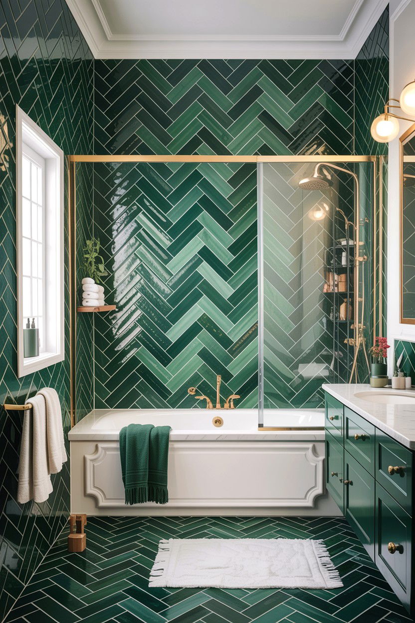 Hunter green herringbone tile - 30 hunter green bathroom ideas