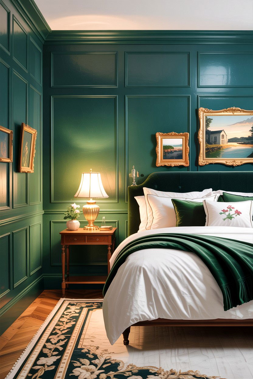 Hunter green wall paneling bedroom - 30 green and white bedroom ideas